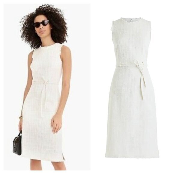 NEW J. CREW Textured Tweed Belted Sheath Dress Fringe Sleeveless Ivory Size 12 - Picture 1 of 10